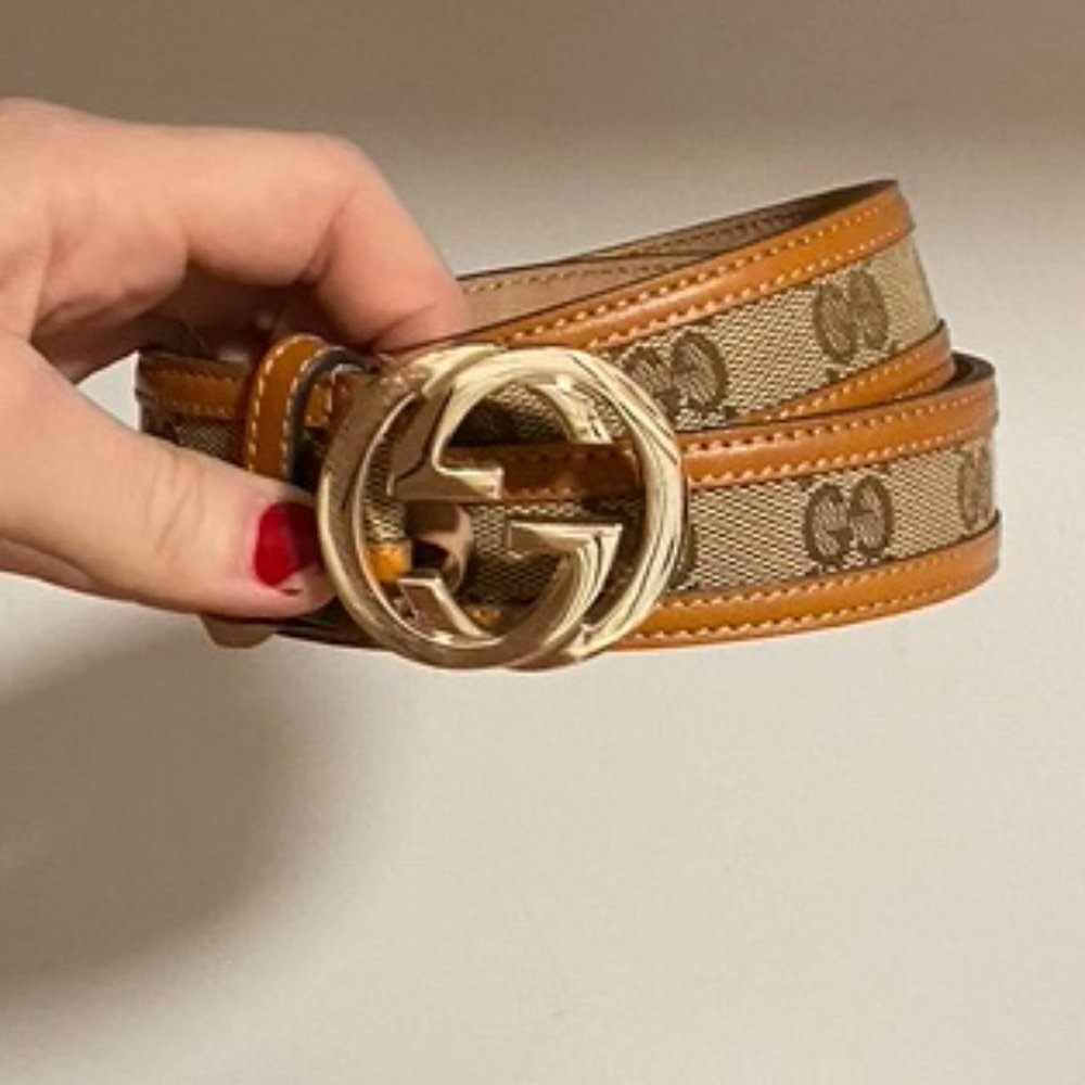 GUCCI Belt | Gold w/ Logo Print & Leather Trim